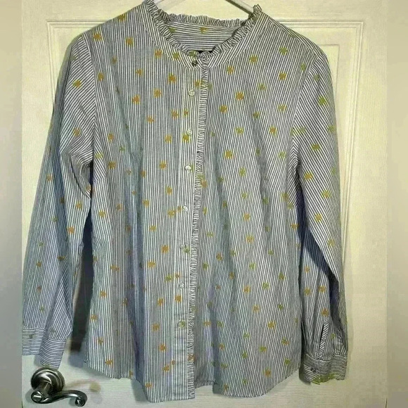 Talbots Button Up, Ruffle detail, Blue/White Stripe with Gold Hearts. Size Large - Picture 2 of 13